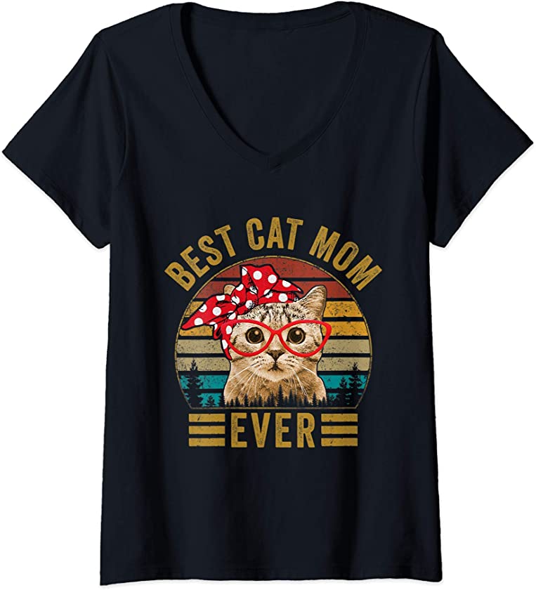 Womens Vintage Best Cat Mom Ever Cat With Red Bandana Red Glasses V-Neck T-Shirt