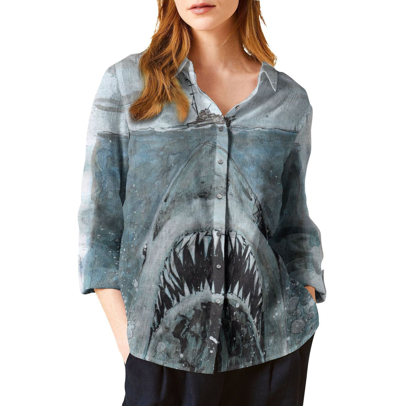 Shark Jaws Cotton And Linen Casual Shirt For Men and Women, Unisex