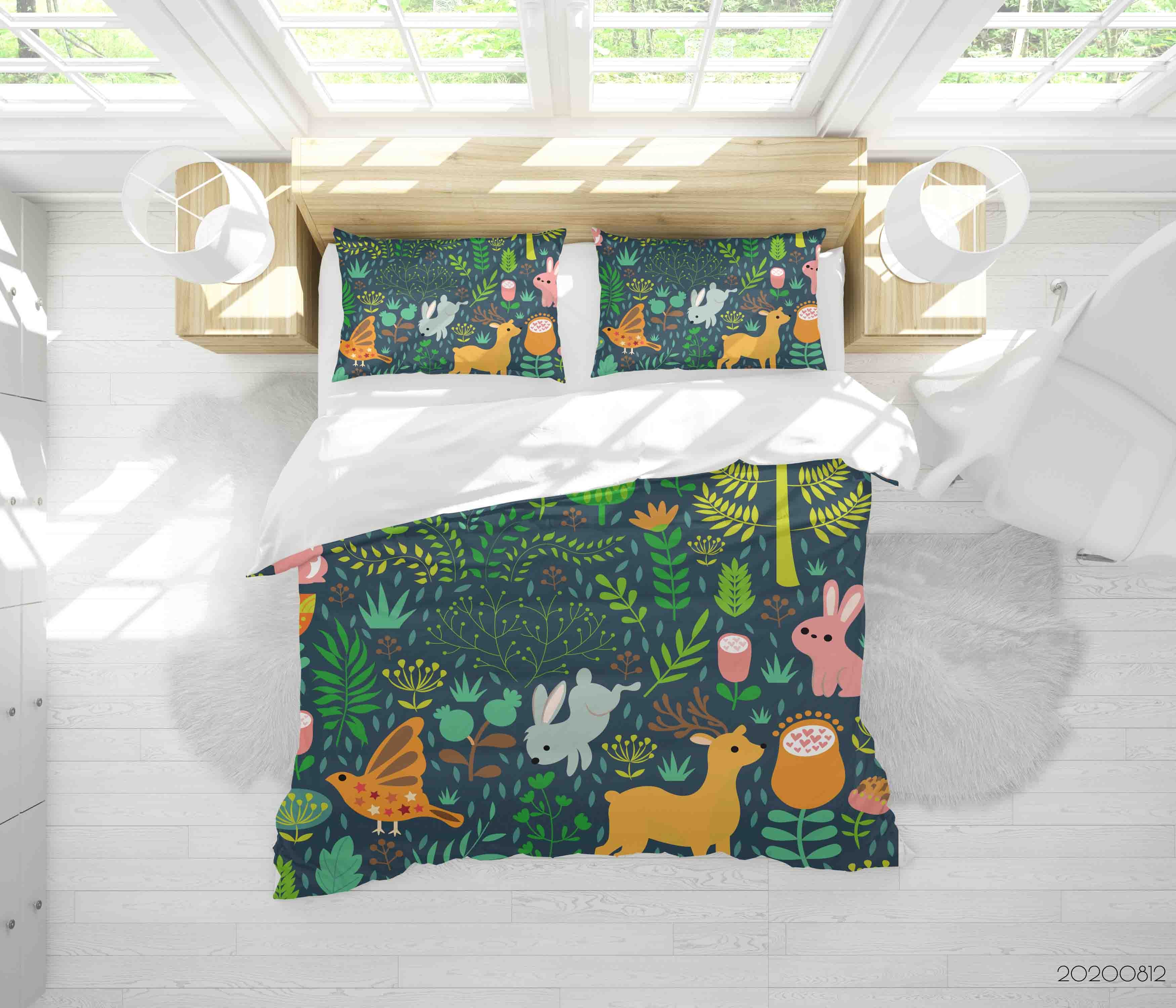 3D Colorful Bunny Deer Animal Plant Quilt Cover Set Bedding Set Duvet Cover Pillowcases Lxl