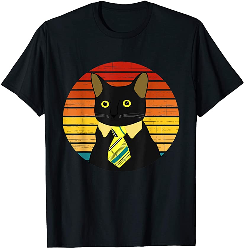 Black Business Cat Kitten with Yellow Tie Vintage 80s Sunset T-Shirt