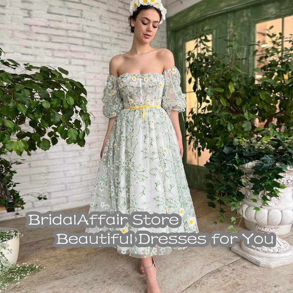 BridalAffair Lace Appliques Embroidery Floral Prom Dresses Tea-Length A-Line Formal Party Dress Evening Gown With Pockets 2022 alx