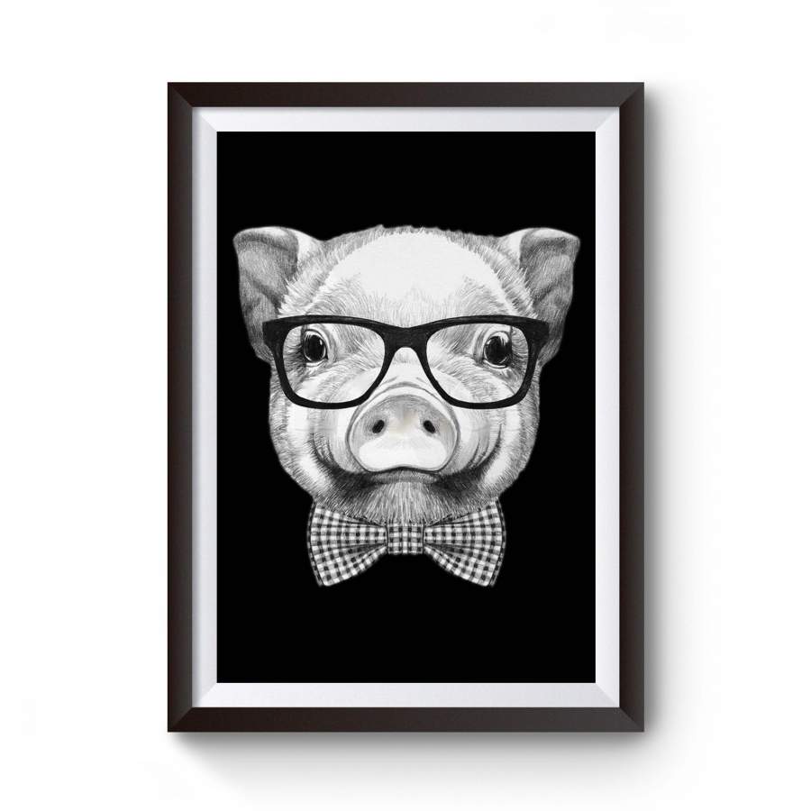 Piggy Pig with Glasses Hand Drawn Vintage Art Gift Poster