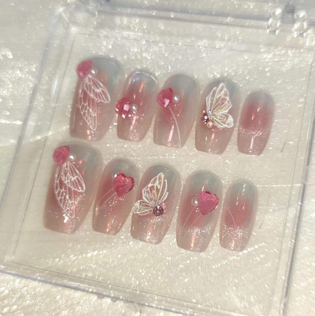 Pearlescent Pink Ombre and white Wings and and Butterfly Party Festive Handmade Press On Nails | Fake nails | False Nails| Pink Crystal #261