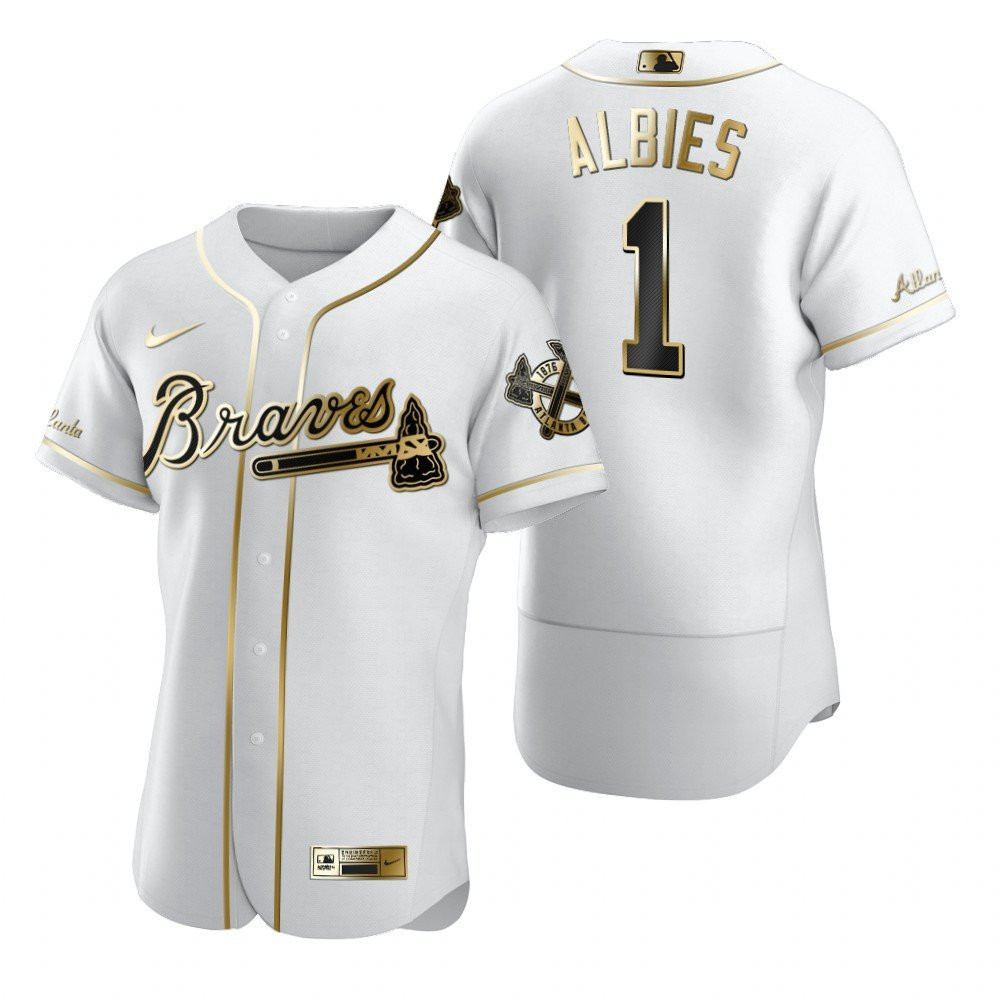 Atlanta Braves #1 Ozzie Albies MLB Golden Brandedition White Jersey Gift For Braves Fans