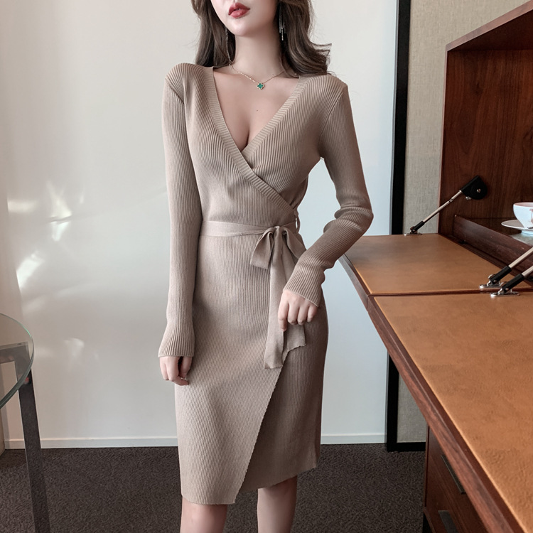 2022 new retro women’s dress sexy long-sleeved v-neck irregular lace knitted bag hip bottoming dress women alx