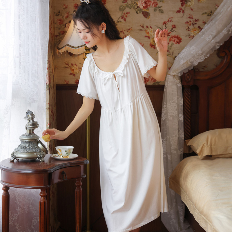 Summer Short-sleeved Cotton Nightgowns Women Court Princess Vintage Night Dress White Lace Loose Sleep Tops Home Sleepwear 2021 alx