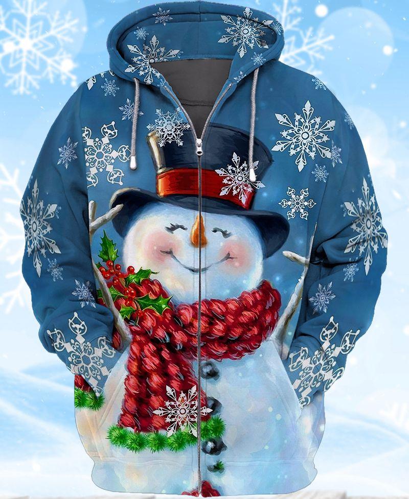 Snowman With Wool Scarf 3D Shirts Gift For Christmas Holiday 3D Zipper Hoodie