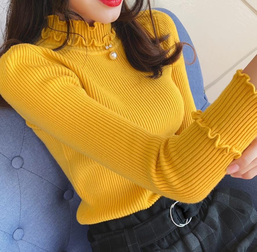 2021 New Women Girl Winter Fall basic Knitted Pullovers half Turtleneck sweaters basic Knitwear Outwear ruffles Tops jumper alx