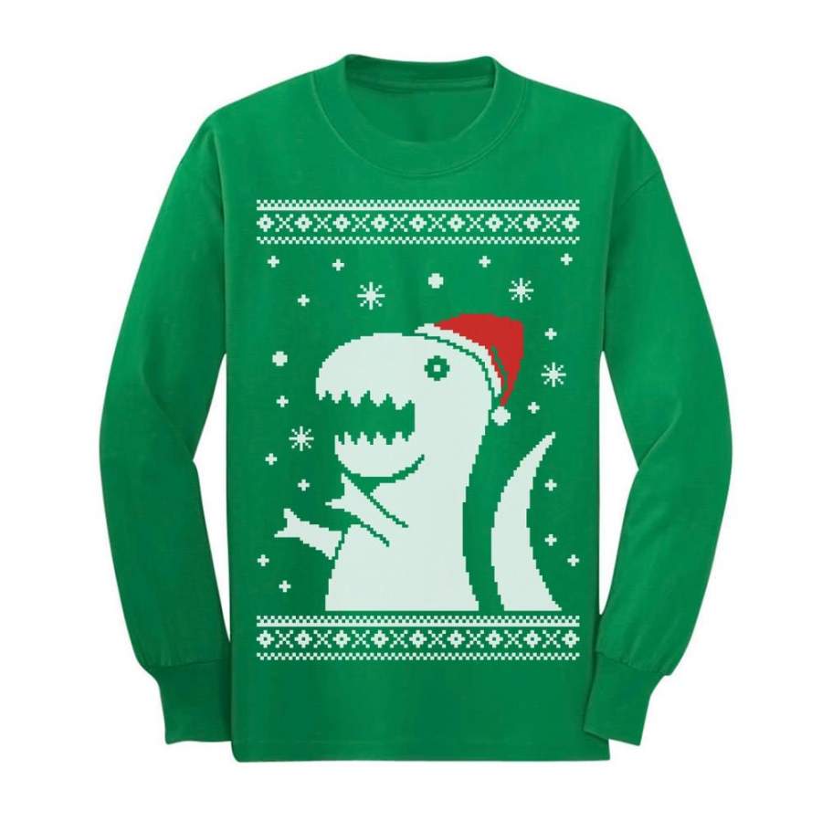 Ugly Christmas Sweater Big Trex Santa – Children Funny Youth Kids Long Sleeve T-Shirt