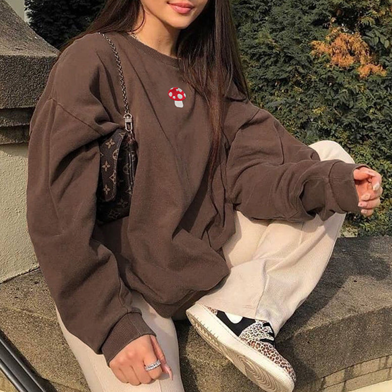 Brown Casual Crewneck Sweatshirt Women Autumn Fashion Printed Pullover Long Sleeve Sweat Shirt Korean Streetwear Y2K alx