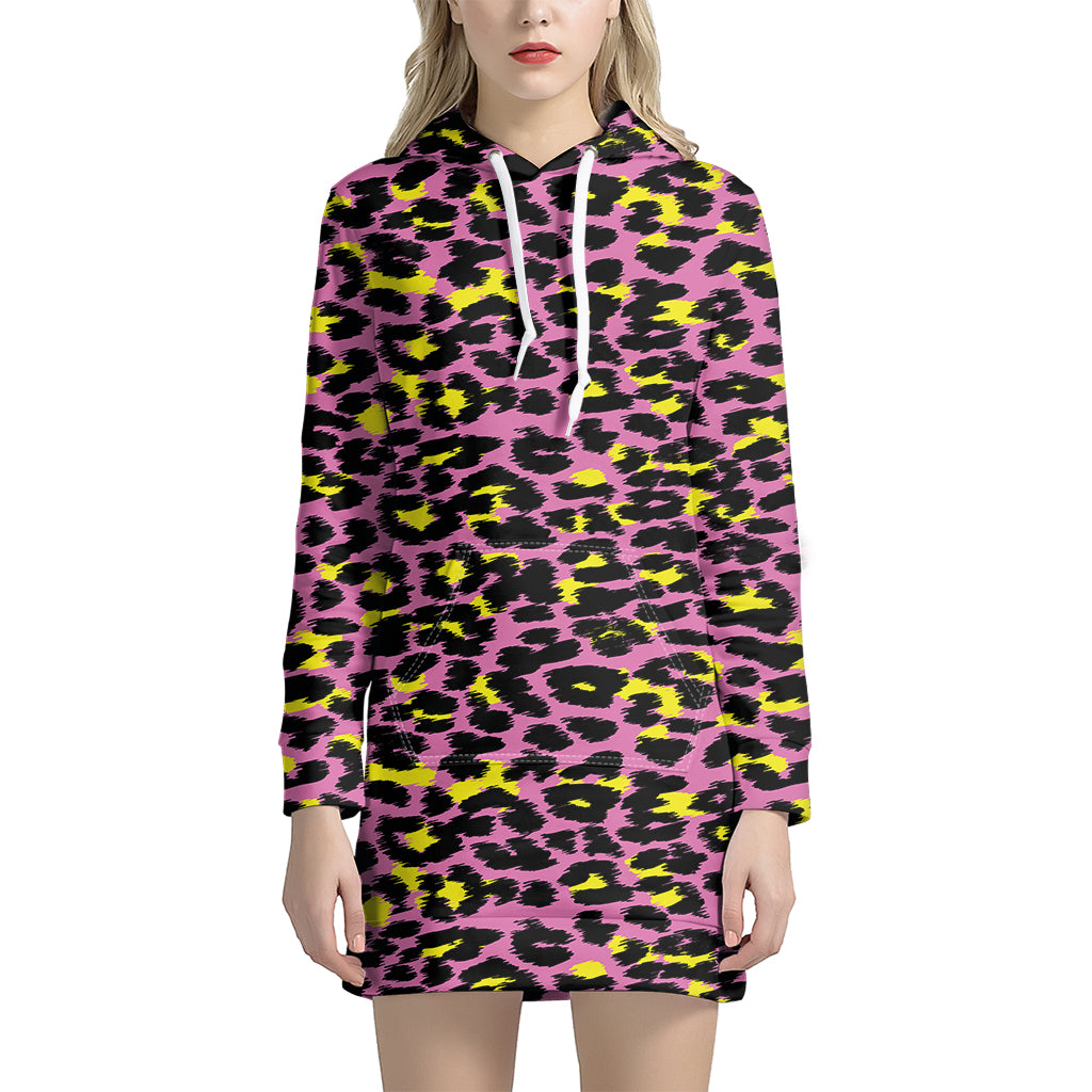 Pink And Yellow Leopard Print Women’S Pullover Hoodie Dress