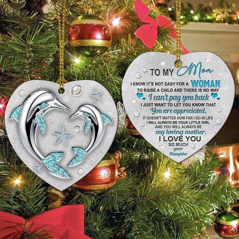 Dolphin Daughter To Mom Two – Sided Heart Ornament, Dolphin Lovers Ornament