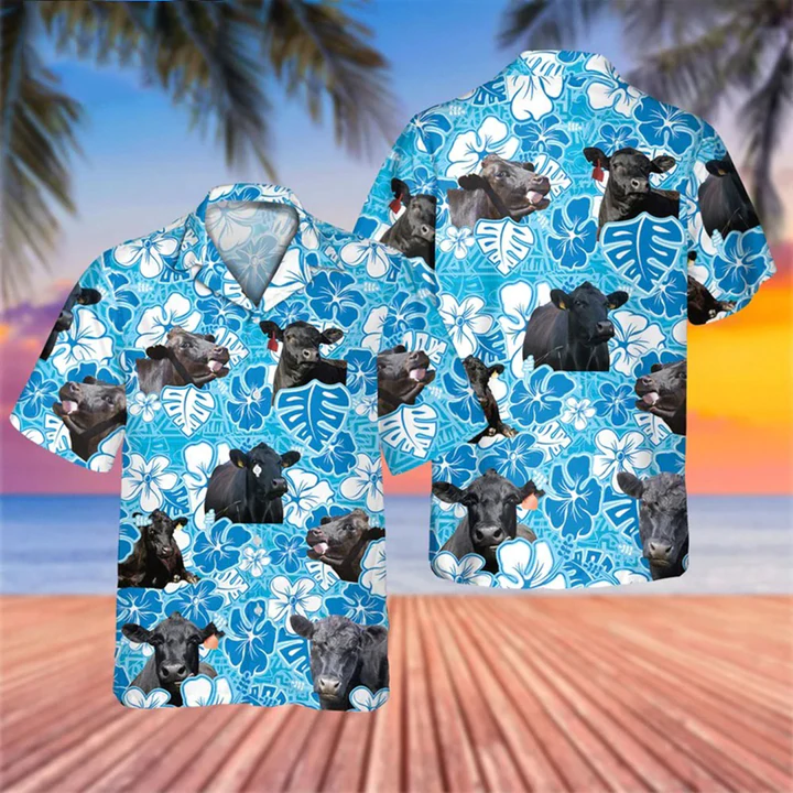 Black Angus Blue Floral Hawaii Cow Lovers Shirt For Men Ha38959