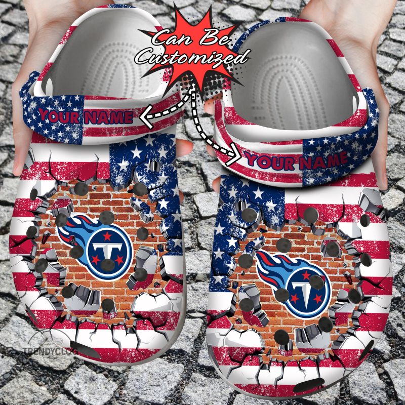 Football Personalized TTitans American Flag Breaking Wall Clog Shoes