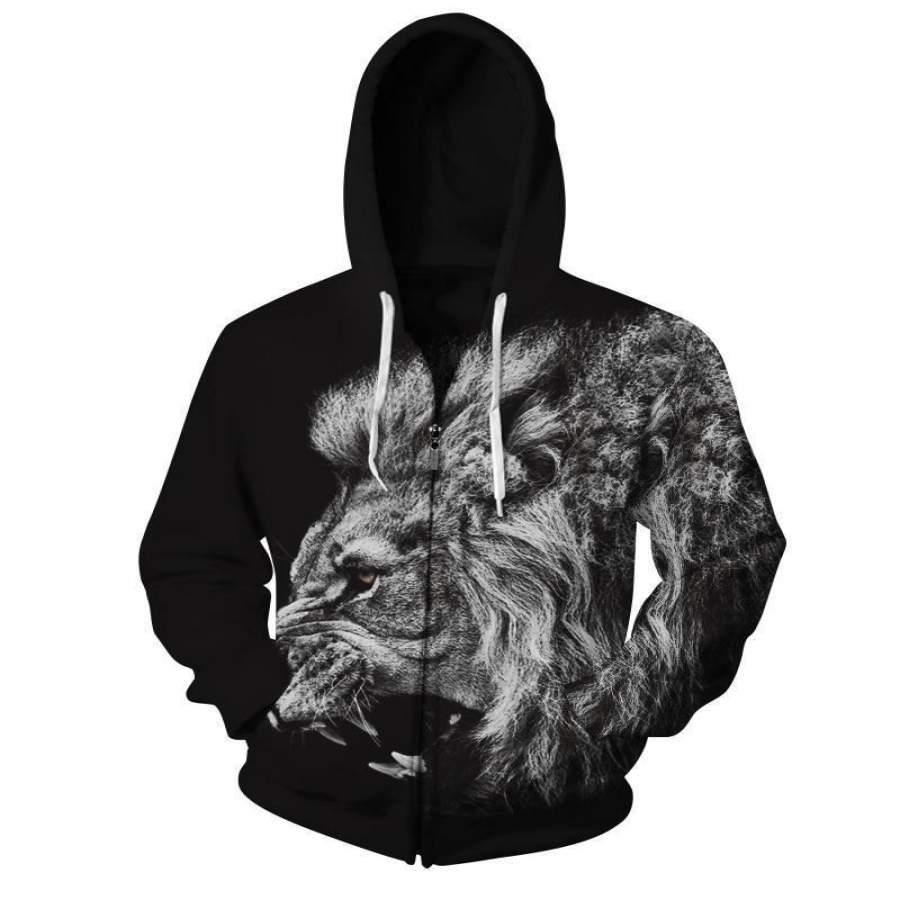 3D Black Lion Roar Pattern Men Sweater Long Sleeve Zipper Cool Hoodies