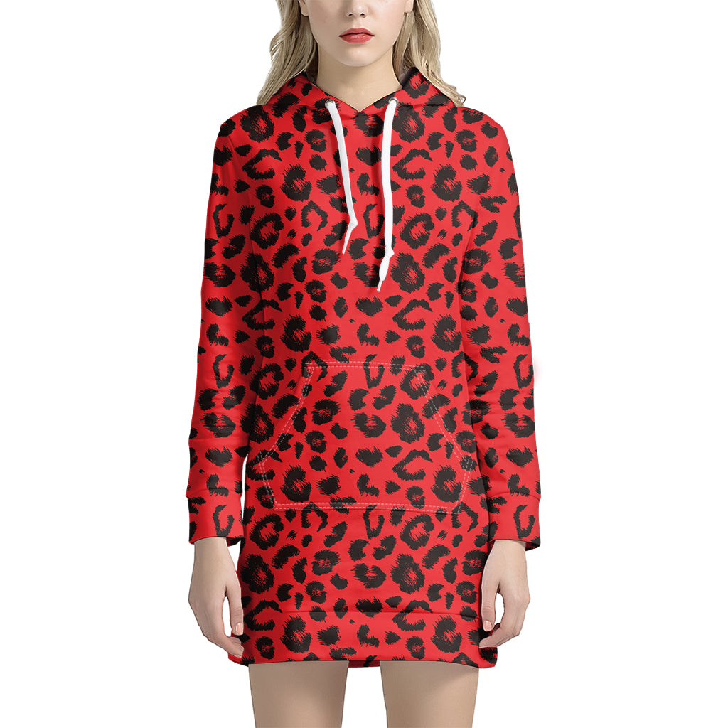 Red Leopard Print Women’S Pullover Hoodie Dress