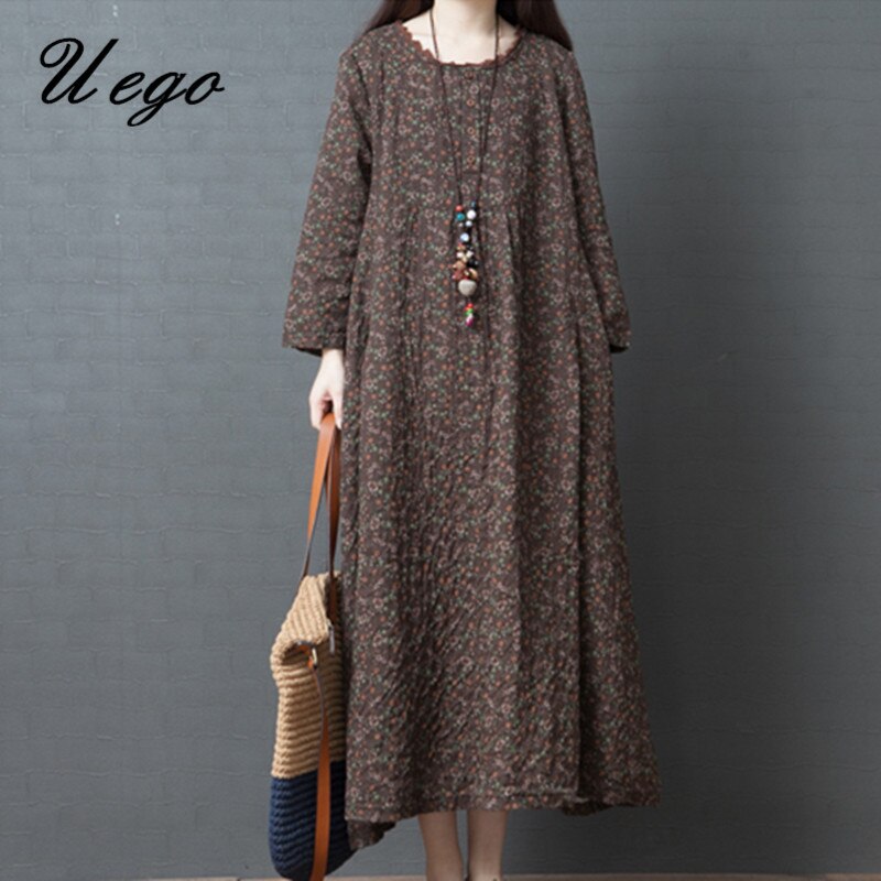 2022 New Arrival Long Sleeve Spring Dress Print Floral Linen Cotton Loose Vintage Dress Women Autumn Casual Midi Dress alx