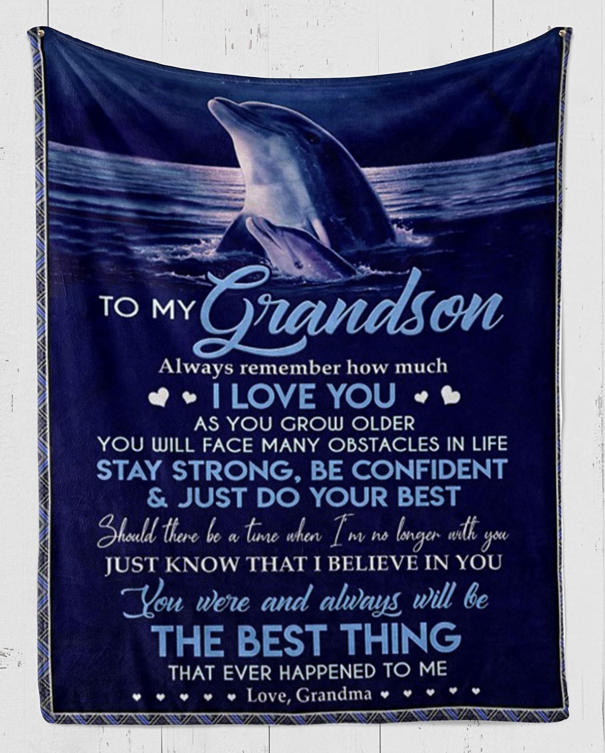 Fleece Blanket -Dolphin Fleece Blanket-To My Grandson, I Love You-Fleece Blanket 3D Soft Cozy Lightweight Durable Plush Throw Blanket For Bedroom Living, Gift For Grandson