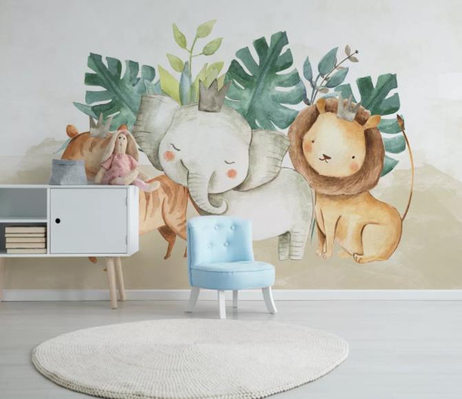 3D Cartoon Animal Leaves Wall Mural Wallpaper 229