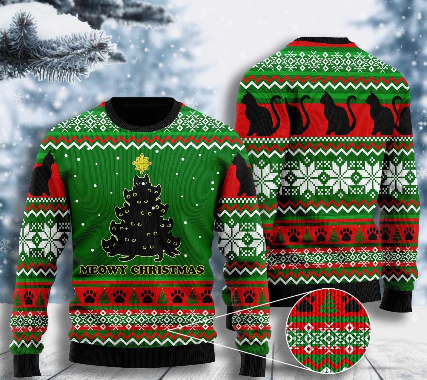 Black Cat Meowy Christmas Tree Ugly Christmas Sweater | For Men & Women | Adult | Us5503