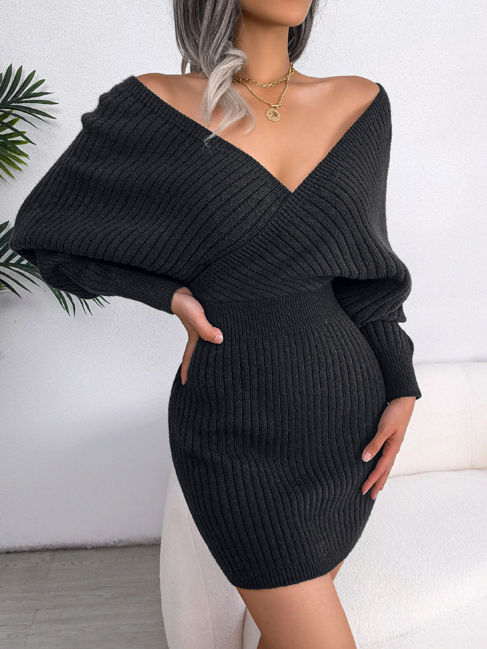 V-neck Cross Front Sexy Office Clothes Solid Jumper Bat Skirt Sweaters Women Sweater Fall Knit Sweater Women Long Sleeve Dress alx