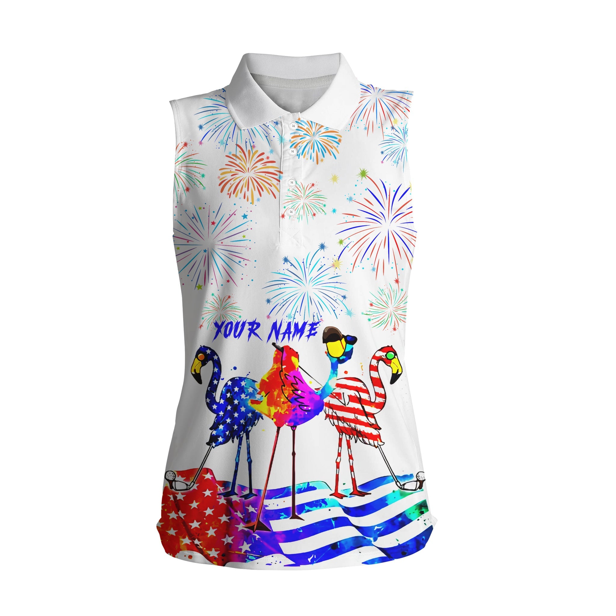 Womens Sleeveless Polo Shirt Flamingo American Flag Custom Name Red White And Blue Flamingo Polo Shirt