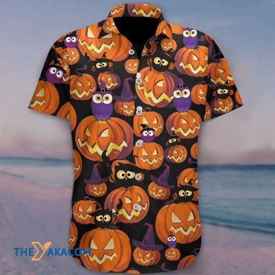 Happy Halloween Orange Pumpkin With Funny Glitter Eyes Owl Hawaiian Shirt Ha63553