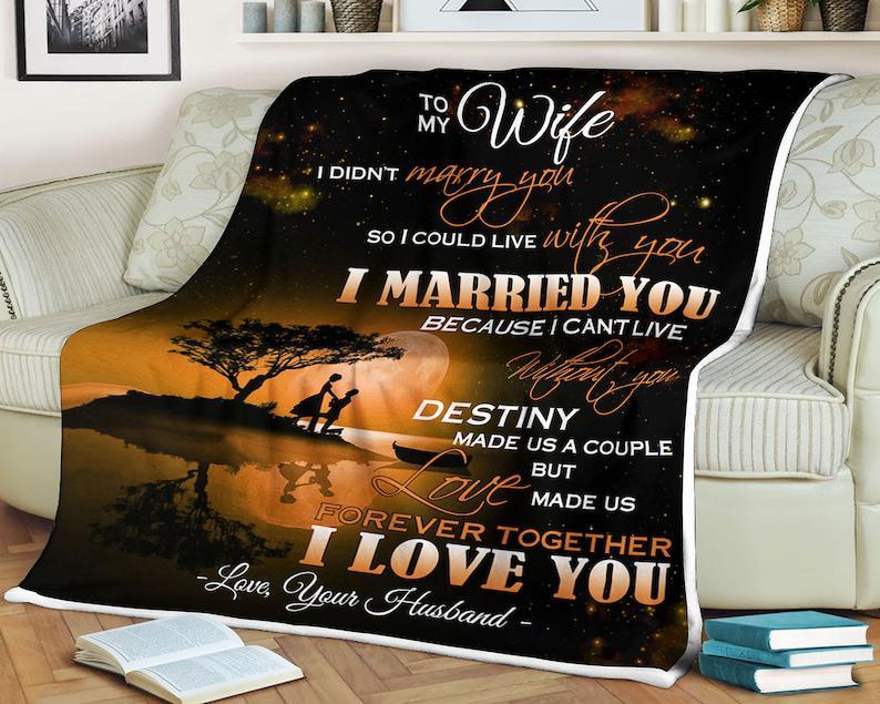 To My Wife,Moon Blanket, I Married You But Love Made Us Forever Together I Love You Your Husband,Gift For Wife Family Home Decor Bedding Couch Sofa Soft And Comfy Cozy