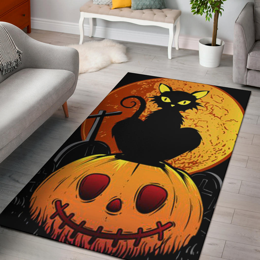 Halloween Area Rug | Black Cat On Pumpkin Rip Yellow Moon Rugs Home Decor