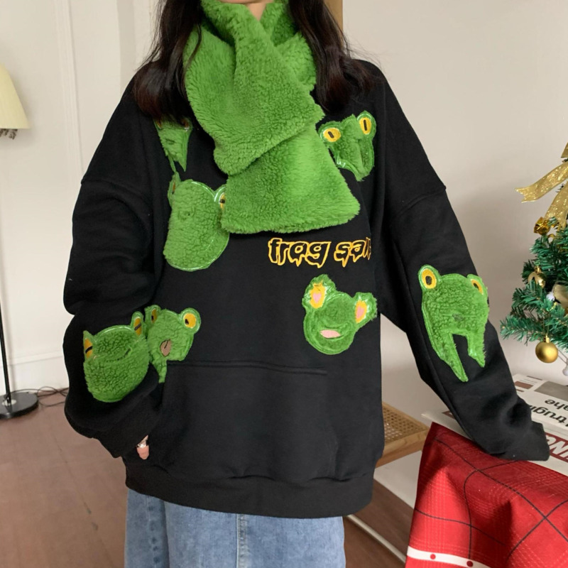 Autumn Winter Sweet Girls Plush Frog Embroidery Oversized Hoodie Women Kawaii Streetwear Matching Scarf Pullover Sweatshirt alx