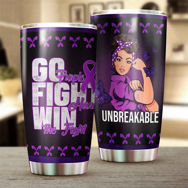 Cancer Survivor Strong Woman Personalized Steel Tumbler-Gift For Cancer Patient Woman -Purple Ribbon Tumbler-Cancer Treatment Care Gift