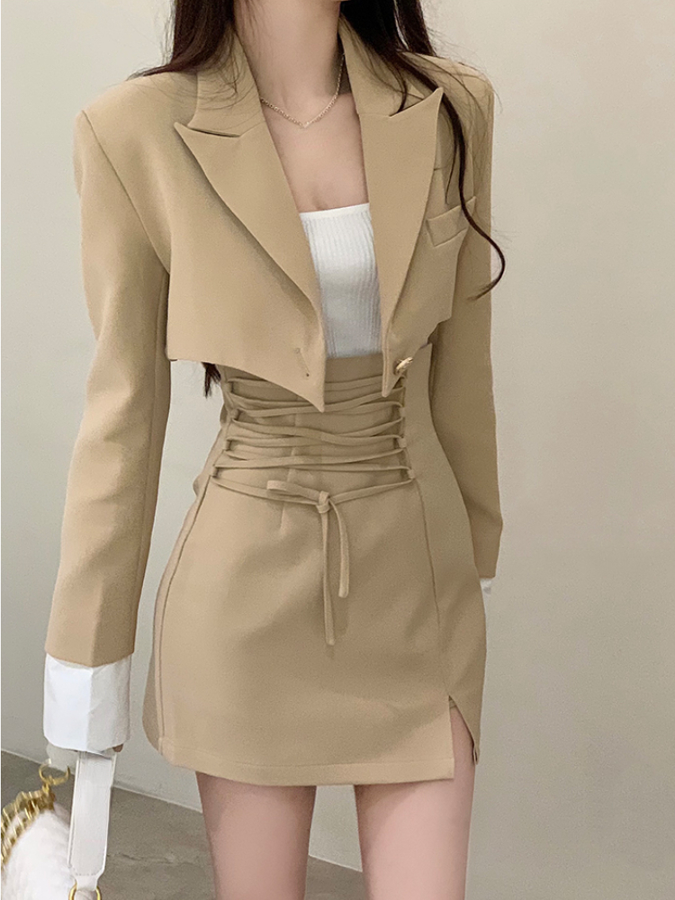 2 Piece Dress Set Women Casual Y2k Crop Tops Elegant Jacket Coats 2022 Autumn Blazers Dress Mini Skirts Korean Fashion Suits alx