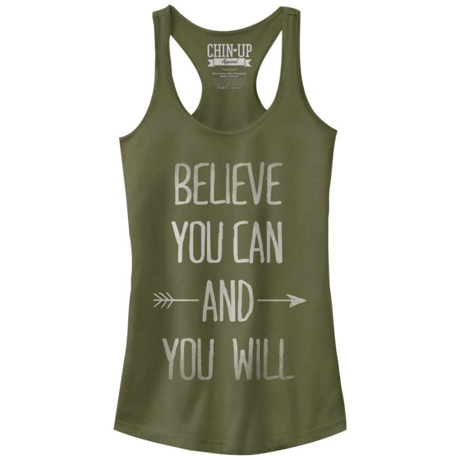 CHIN UP Junior’s Believe You Can and You Will  Racerback Tank Military Green