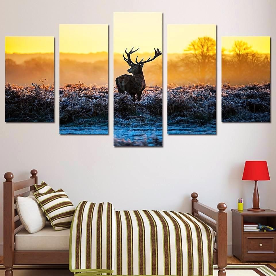 African Sunset Deer Animal 5 Panel Canvas Art Wall Decor