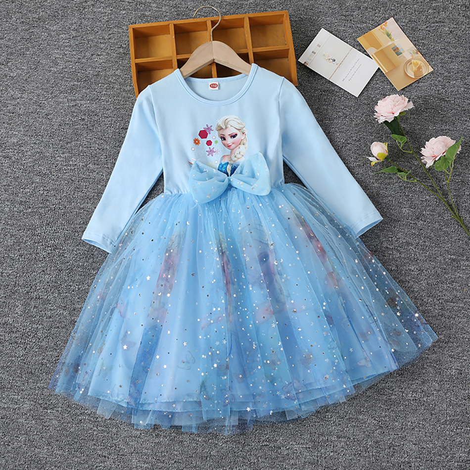 Autumn Cotton Sequins Mesh Bow Kids Clothes Frozen Elsa Princess Dresses Party Costume Vestidos Birthday Toddler Girls Outfits alx