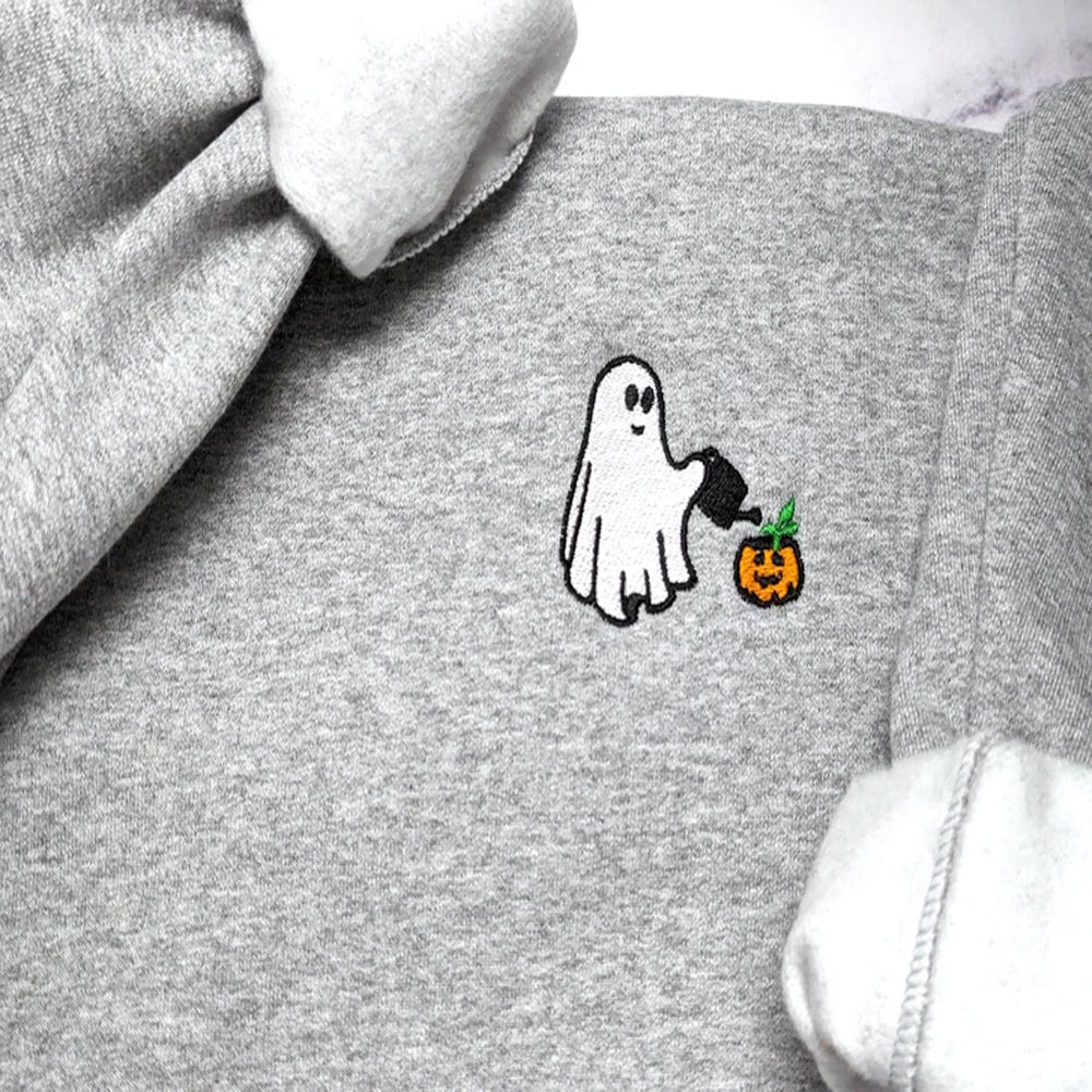 Cute Ghost Watering Pumpkin Plants Halloween Embroidered Sweatshirt 2D Crewneck Sweatshirt All Over Print Sweatshirt For Women Sweatshirt For Men Sws4181