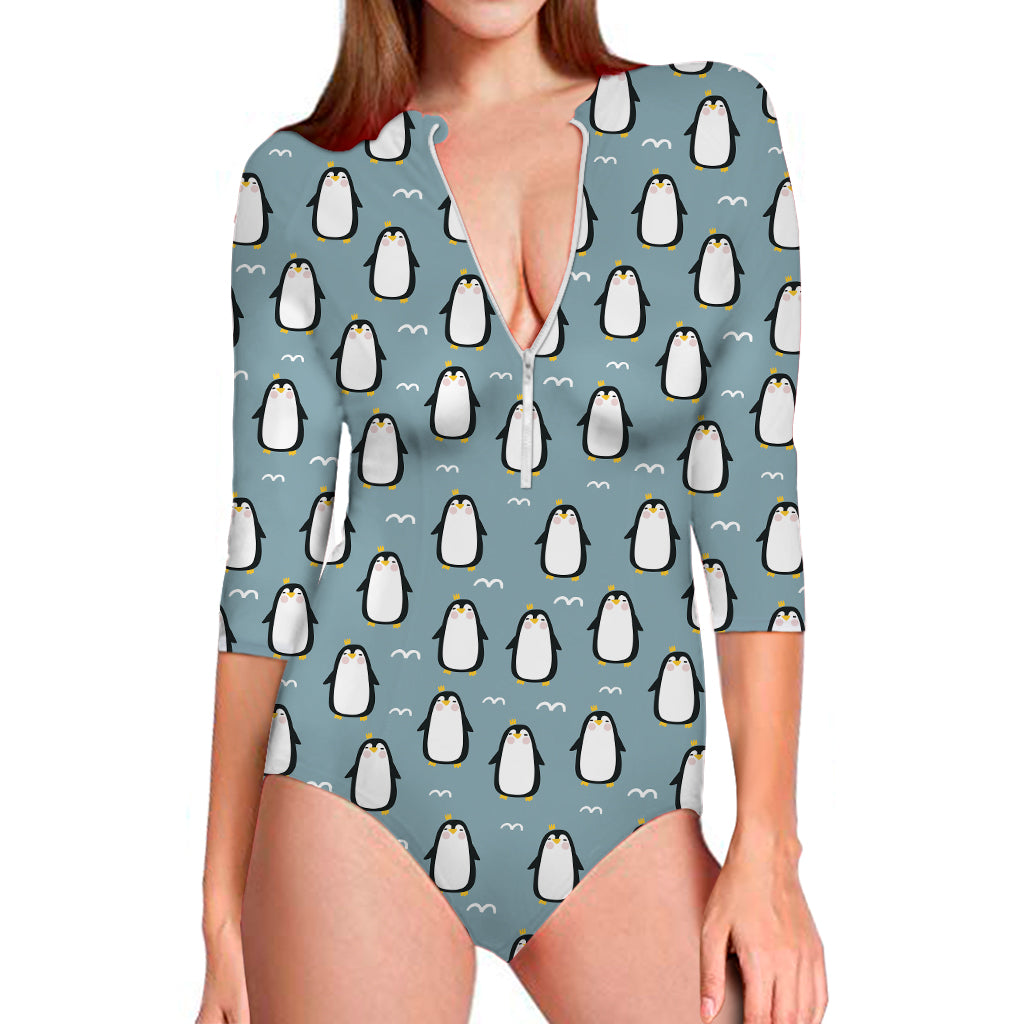 Cartoon Emperor Penguin Pattern Print Long Sleeve One Piece Swimsuit