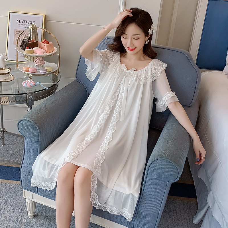 Women Summer New Palace Style Lace Nightdress Short Sleeve Cotton Home Dress Casual Loose Nightgowns Soft Comfortable Negligee alx