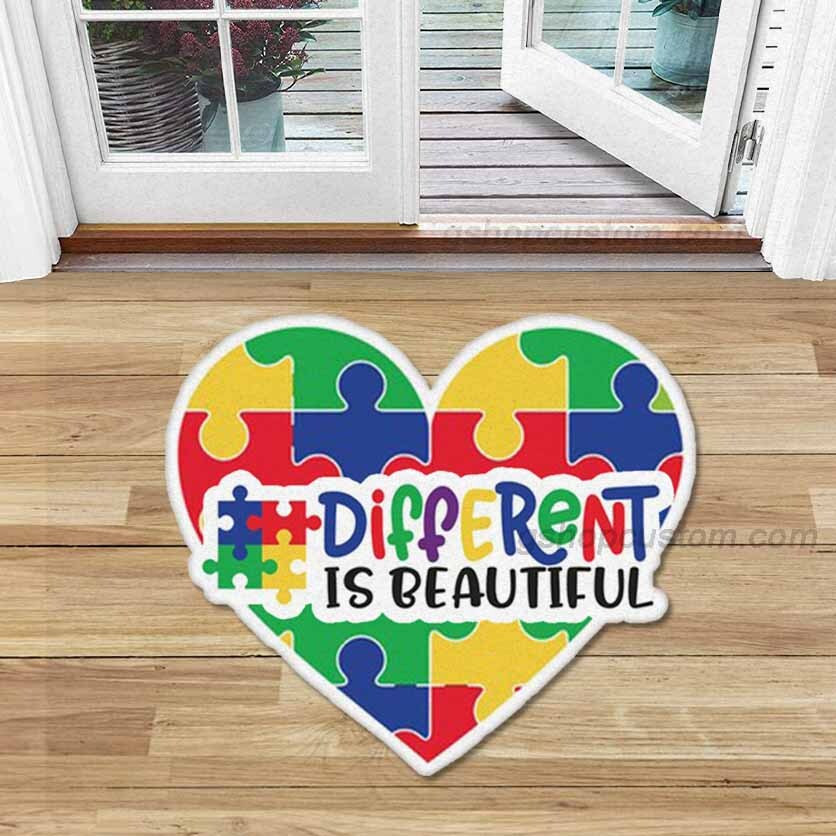 Different Is Beautiful Autism Awareness Shaped Doormat Rug – Heart Puzzel Doormat Home Decor – Sdm-A008