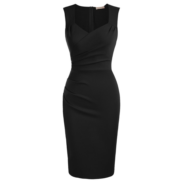 Women Vintage Solid Ruched Bodycon Dress Sleeveless Surplice V-Neck Folds Pencil Dress Wide Straps alx