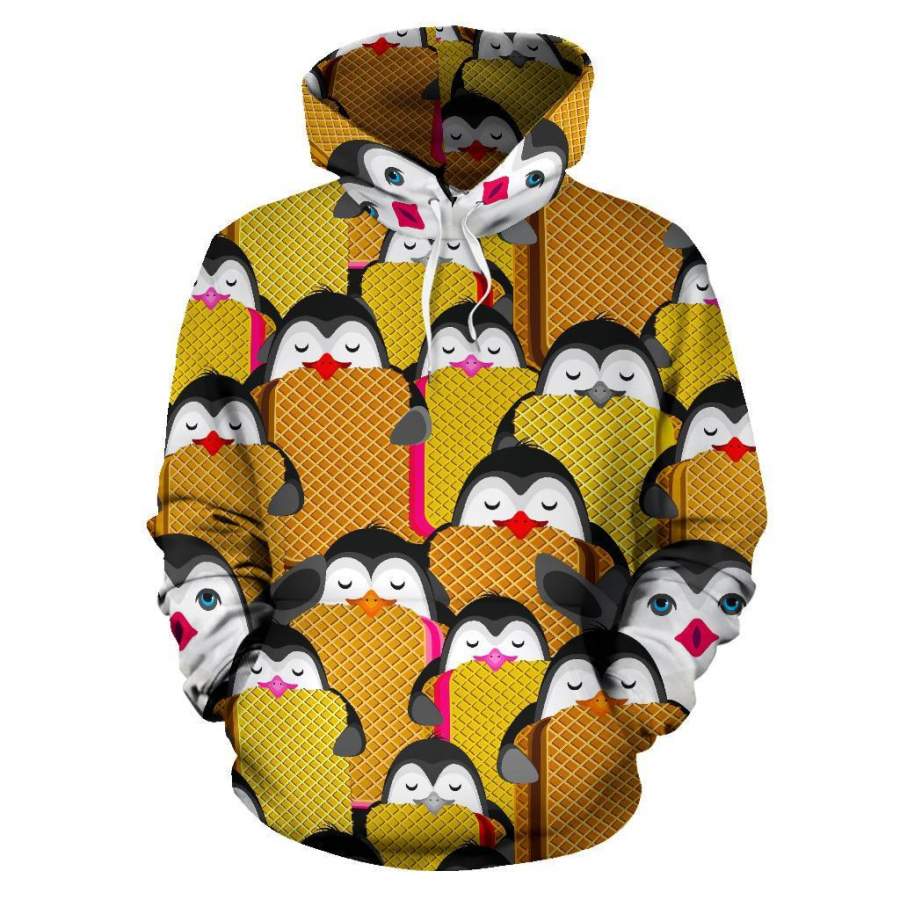 Penguin Waffle Pattern Print Men Women Pullover Hoodie