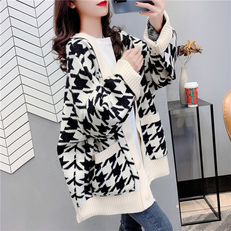 2021 Spring And Autumn New Fashion Casual Loose Houndstooth Sweater Cardigan Women’s Knitted Net Red Jacket Casual alx