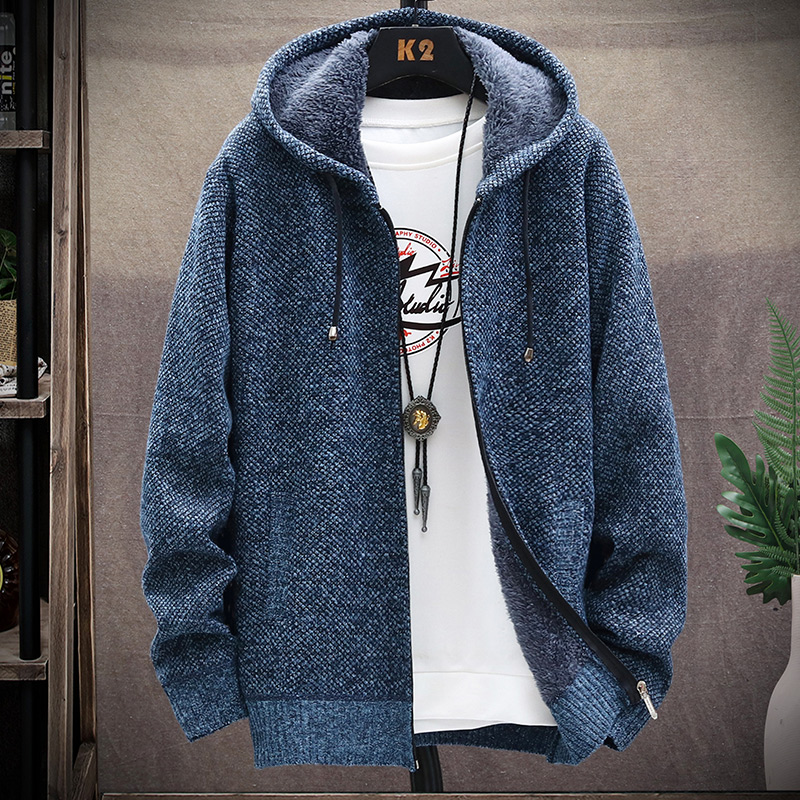 2021 Autumn Korean Hooded Men’s Sweaters with Thick and Velvet Men’s Cardigan Knitted Sweatercoats Solid Jacket Male M-3XL 9802 alx