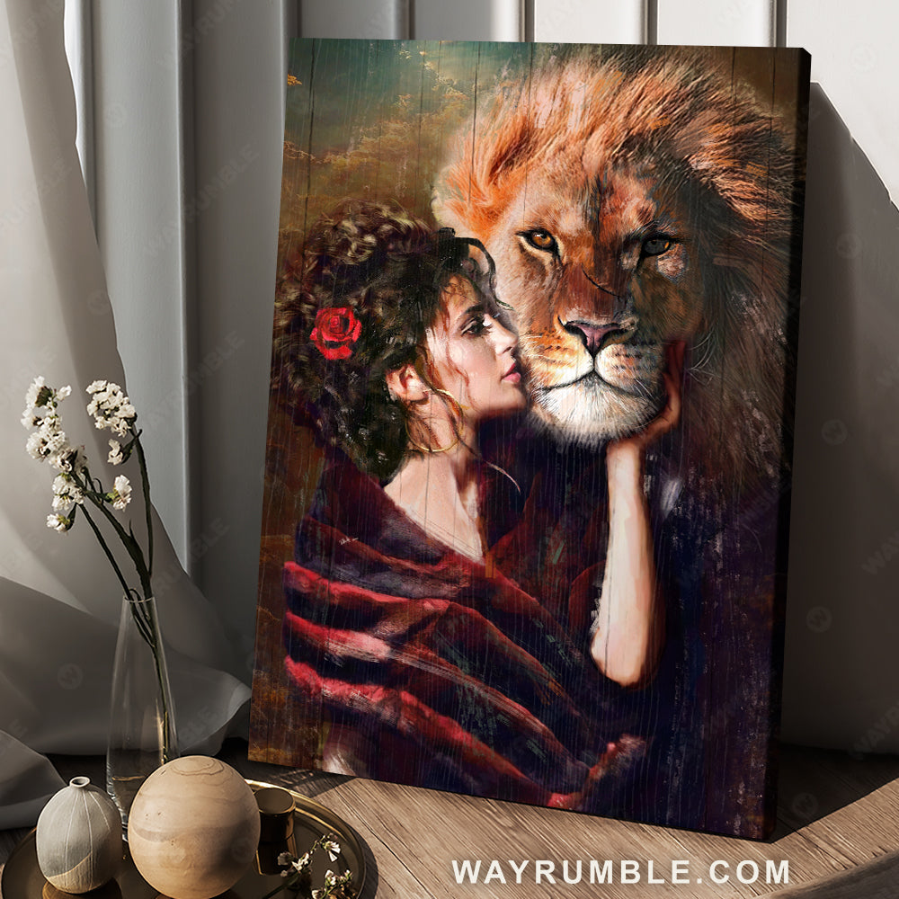 Awesome Lion Head, Lion Of Judah, Beautiful Woman, Red Rose, Religious Art – Jesus Portrait Canvas Prints, Christian Wall Art