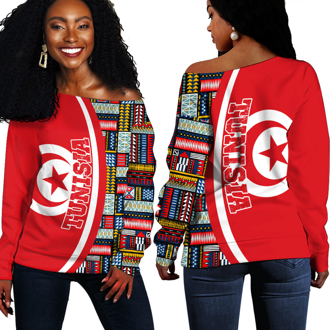 Africazone Clothing – Tunisia Flag And Kente Pattern Special Women’S Off Shoulder Sweaters A35