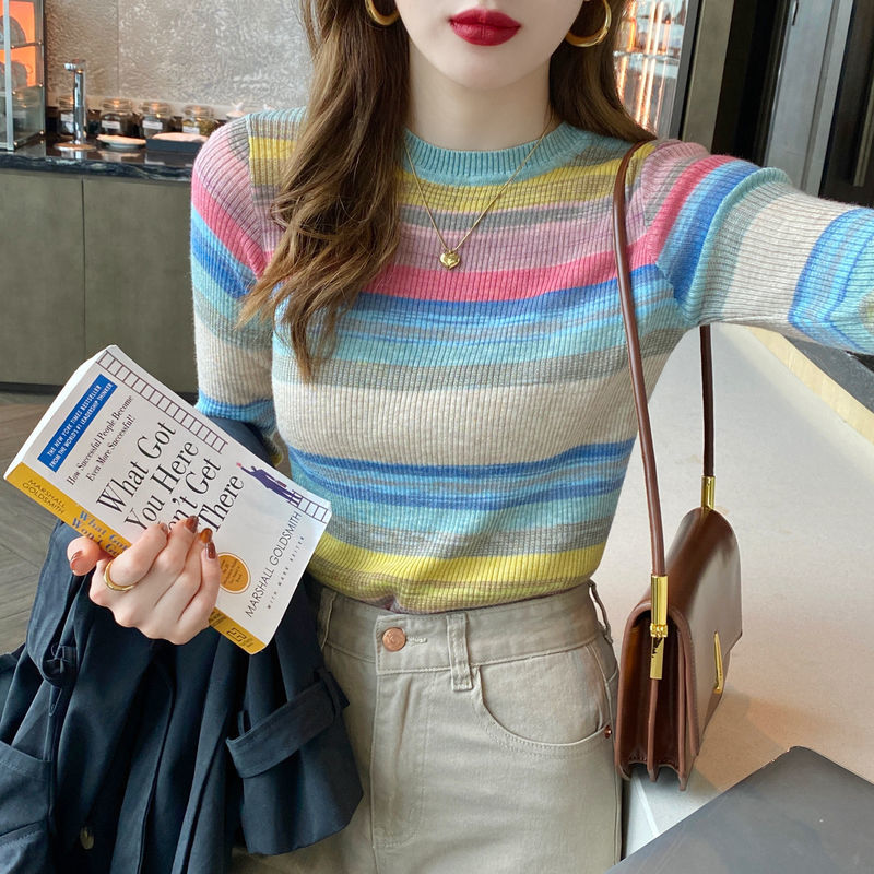 Striped Pullovers Women Rainbow Slim Sweet Female O-neck Spring Cozy Autumn Sweaters Chic Teens Colorful Knitted Clothing Newest alx