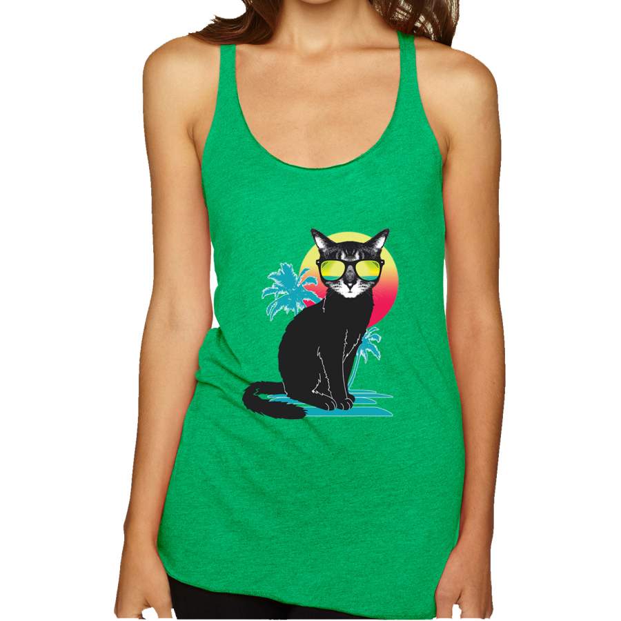 Cool California Beach Kitten Silhouette Sun Cat Cat Lover, Cats,  Tri-Blend Racerback Tank Top