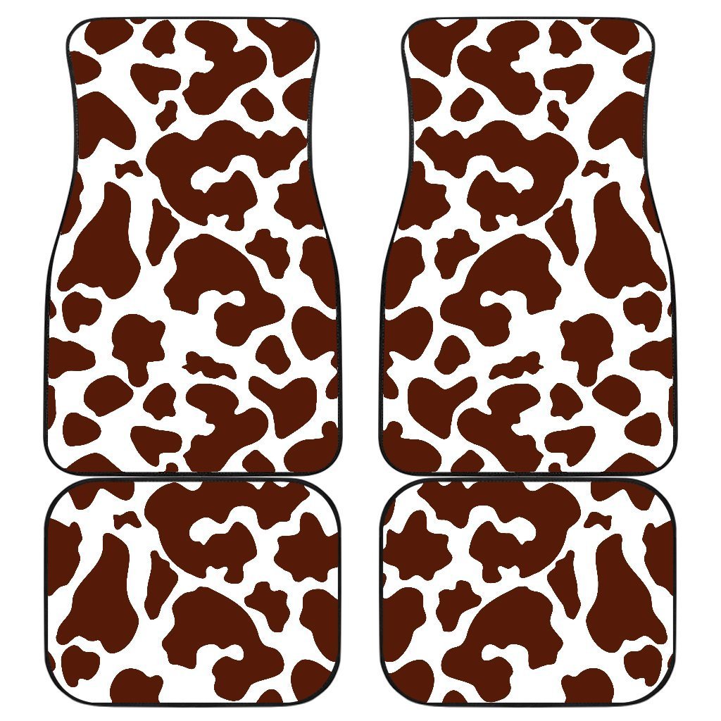 Chocolate Brown And White Cow Print Front And Back Car Floor Mats, Front Car Mat