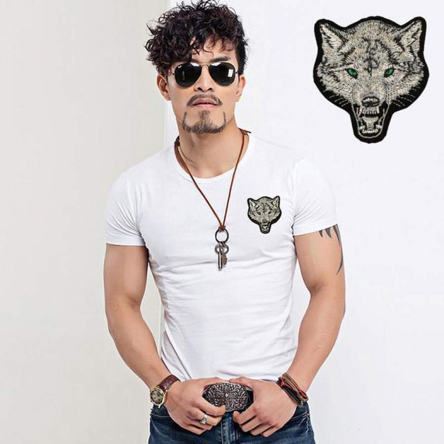New Casual Men’s Wolf T-shirts V Neck Short Sleeve Cotton embroidery Animal T shirt Men Tee Shirts