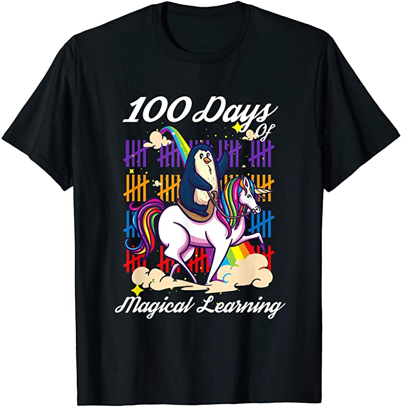 Happy 100 Days Of School For Girls Magical Unicorn Penguin T-Shirt